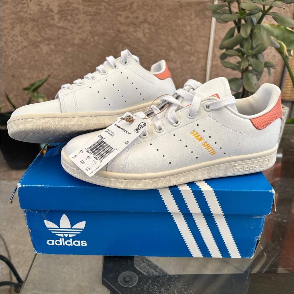 Adidas Stan Smith White and Coral Sneakers